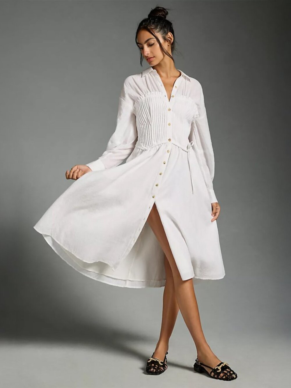 Anthropologie Pilcro White Shirred Corset Buttondown Long Sleeve Midi Dress